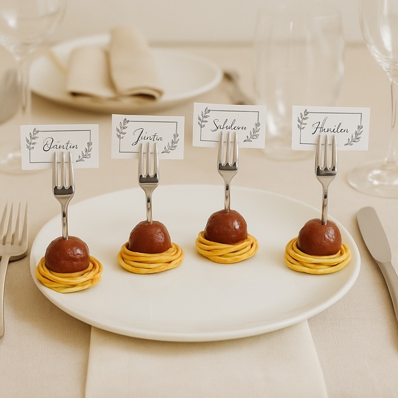 Spaghetti & Meatball Place Card Holders – Set of 4 | Handmade Sculpted Clay - Picture 1 of 12